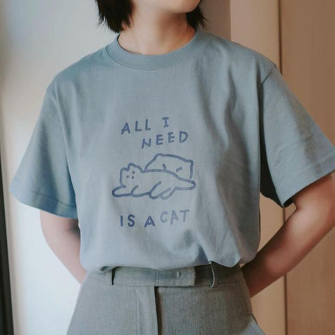 地呱球/ All I need is a cat 貓貓 T-shirt (藍色／3尺碼）