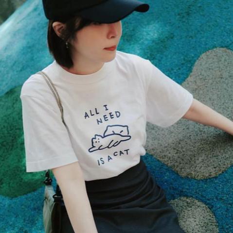 地呱球/ All I need is a cat 貓貓 T-shirt (白色／3尺碼）