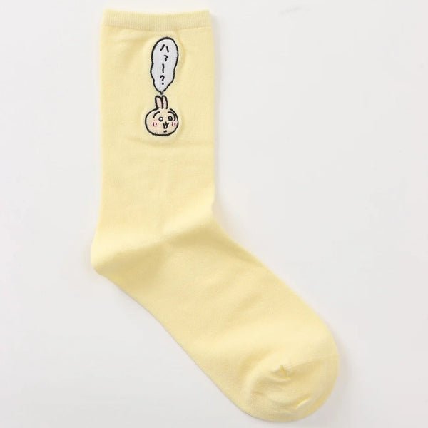 chiikawa/ 兔兔 黃色 刺繡中筒襪