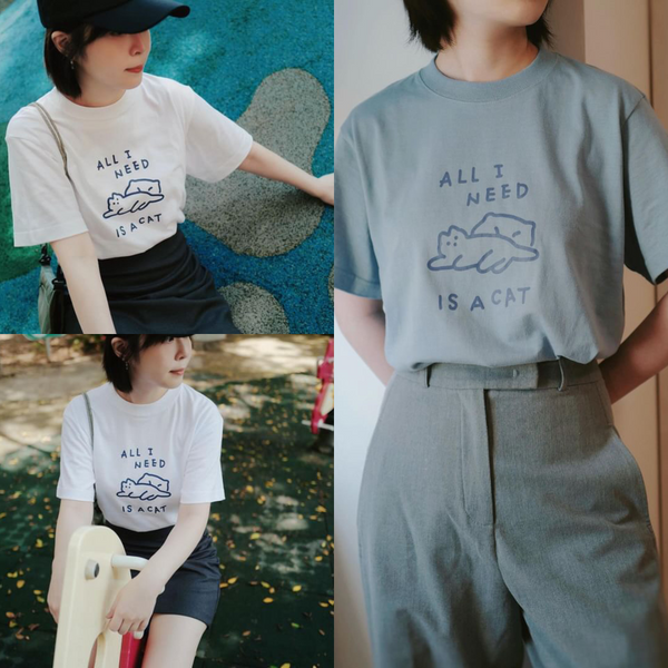 地呱球/ All I need is a cat 貓貓 T-shirt (白色／3尺碼）