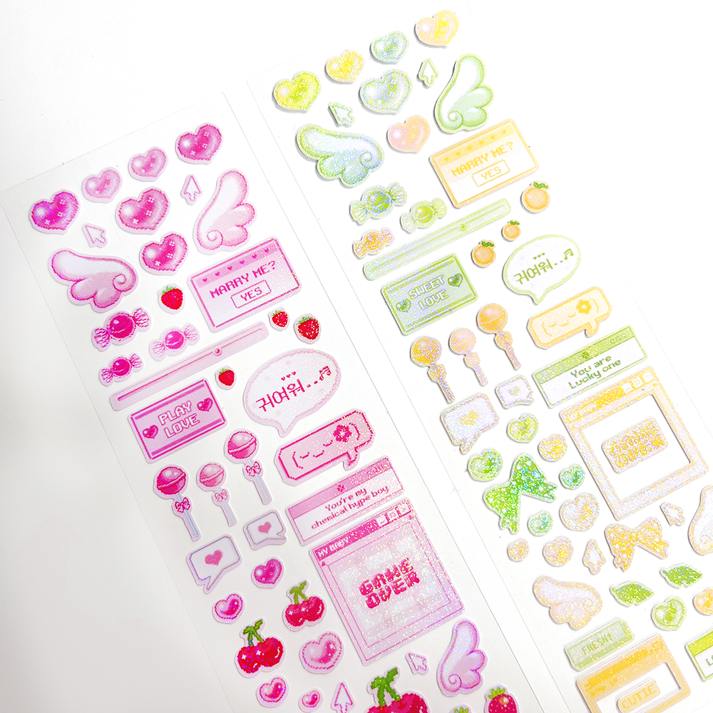 Cherry&Night/ pixel love deco stickers - pink / green